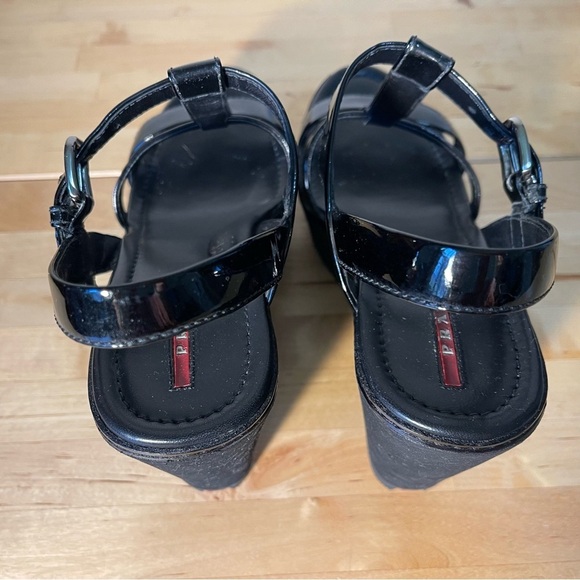 Prada Sport Black Patent Leather Wedge Platform Ankle Strap Sandals Size 39 - Picture 6 of 15